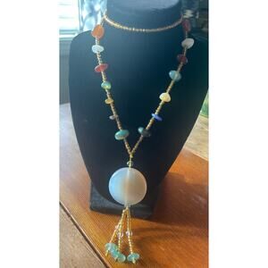 Opaque Agate Carnelian Quartz Glass Bead and Multi-stone Tassel Necklace, 26"